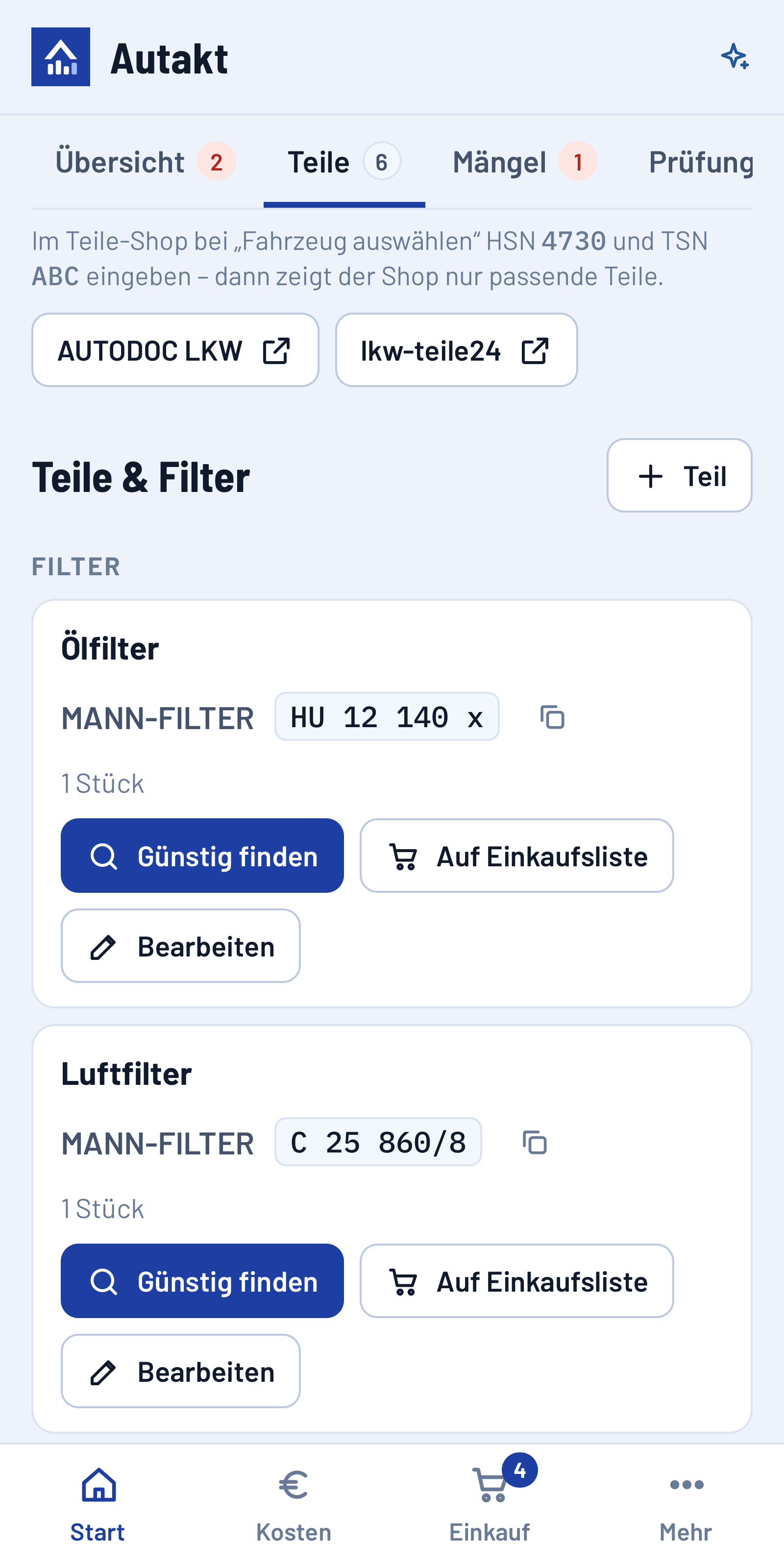Teileliste mit Teilenummern und Preisvergleich auf dem Handy